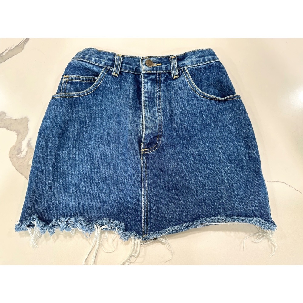 Vintage Guess Denim Mini Skirt High Waisted Frayed Hem Medium Wash Blue 28